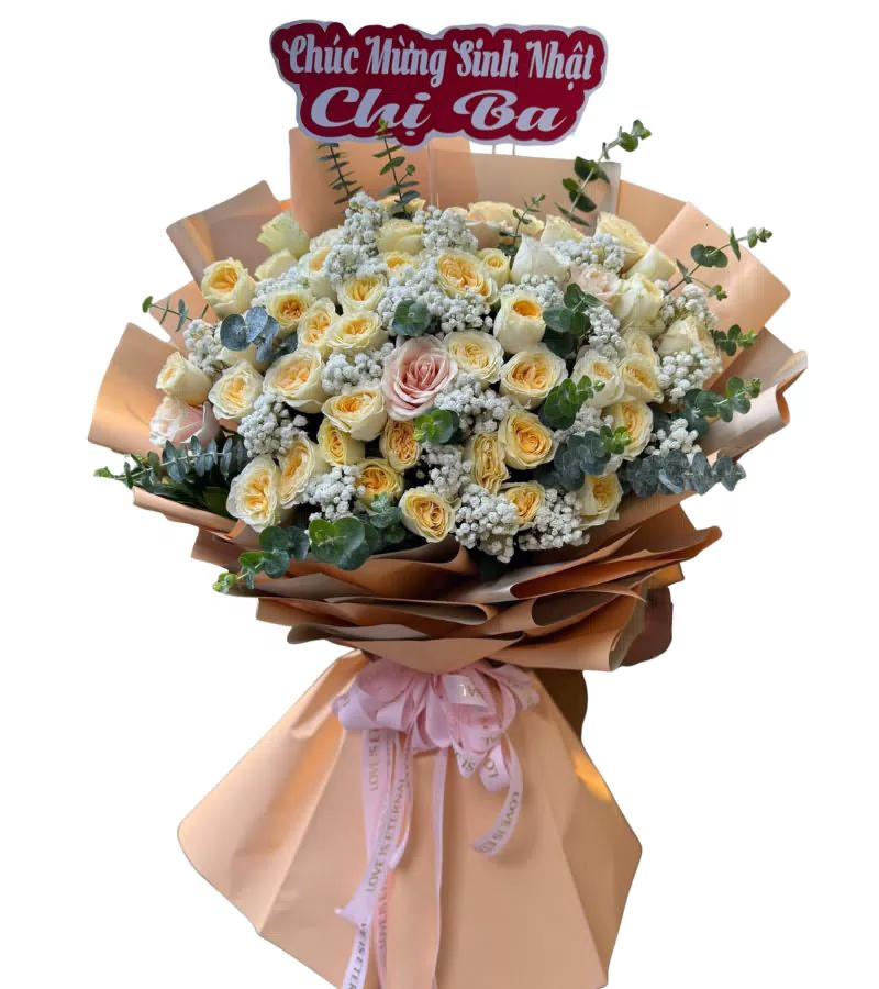 Bó Hoa Hồng Kem Vàng Chúc Mừng Sinh Nhật Chị Ba