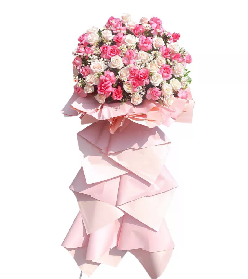 Hoa Khai Trương Hoa Hồng Phấn Trắng Phối Baby Ngọt Ngào