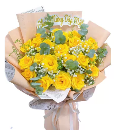 Bó Hoa Hồng Vàng Giấy Báo Phong Cách Chúc Mừng Đầy Tháng