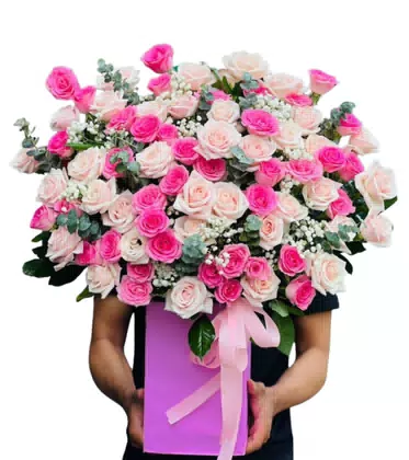 Giỏ Hoa Hồng Cánh Sen Kem Hộp Tím Nữ Tính