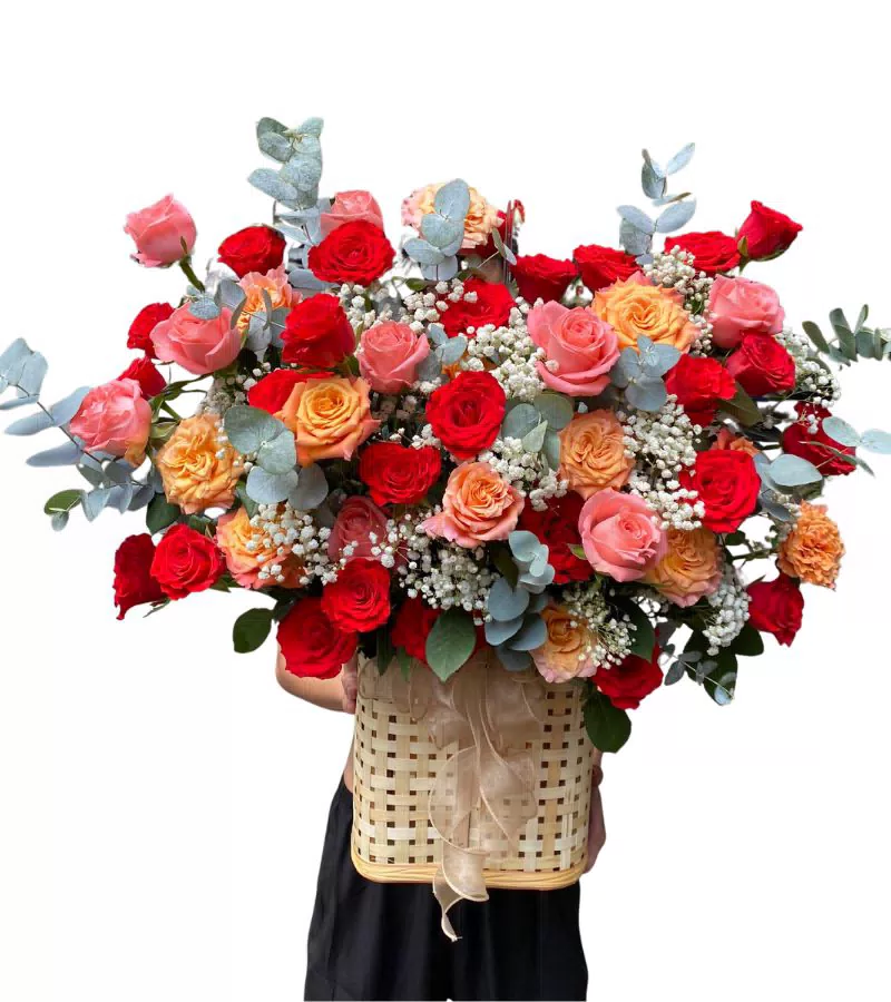 Giỏ Hoa Hồng Đỏ Cam Hồng Phối Màu Sinh Động