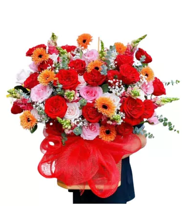 Giỏ Hoa Hồng Đỏ Hồng Phấn Đồng Tiền Cam Rực Rỡ