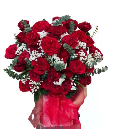 Giỏ Hoa Hồng Đỏ Nhung Nơ Voan Đỏ Nồng Nàn