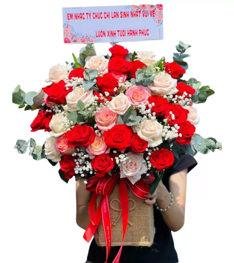 Giỏ Hoa Hồng Đỏ Phối Kem Chúc Mừng Sinh Nhật Chị