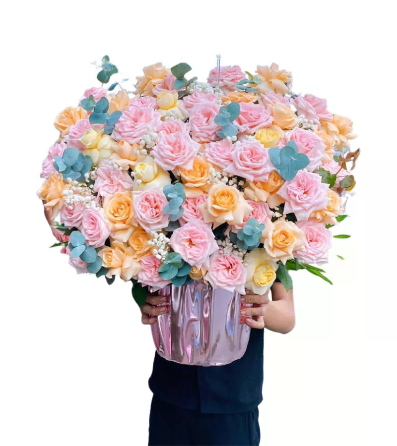 Giỏ Hoa Hồng Phấn Cam Pastel Sang Trọng