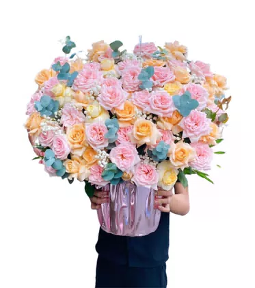Giỏ Hoa Hồng Phấn Cam Pastel Sang Trọng