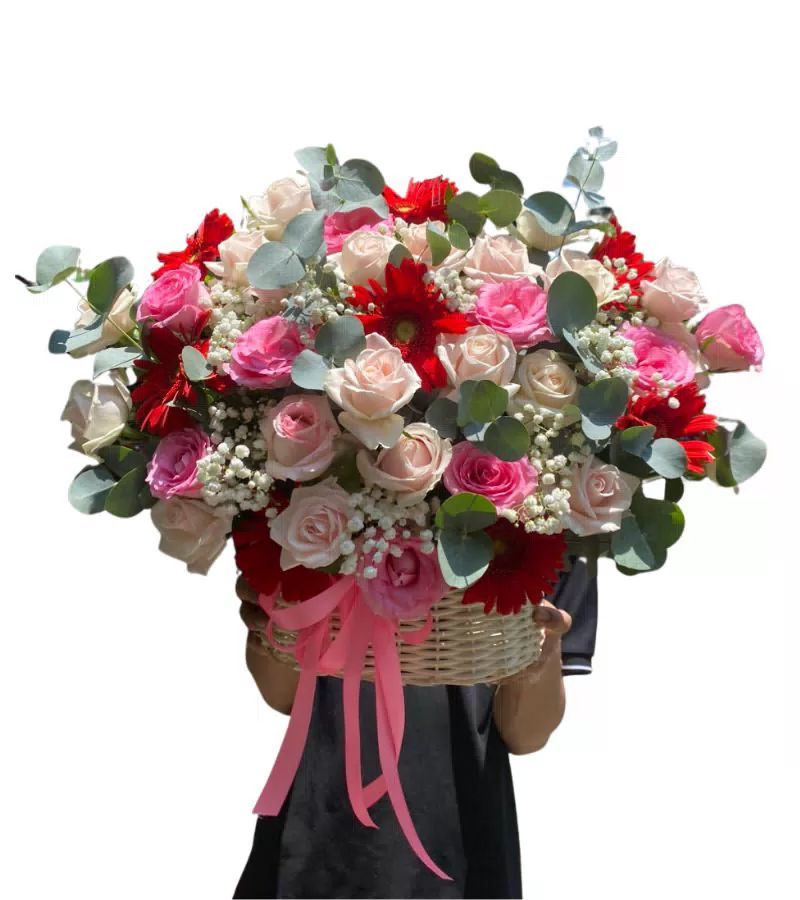 Giỏ Hoa Hồng Phấn Đồng Tiền Đỏ Rực Rỡ