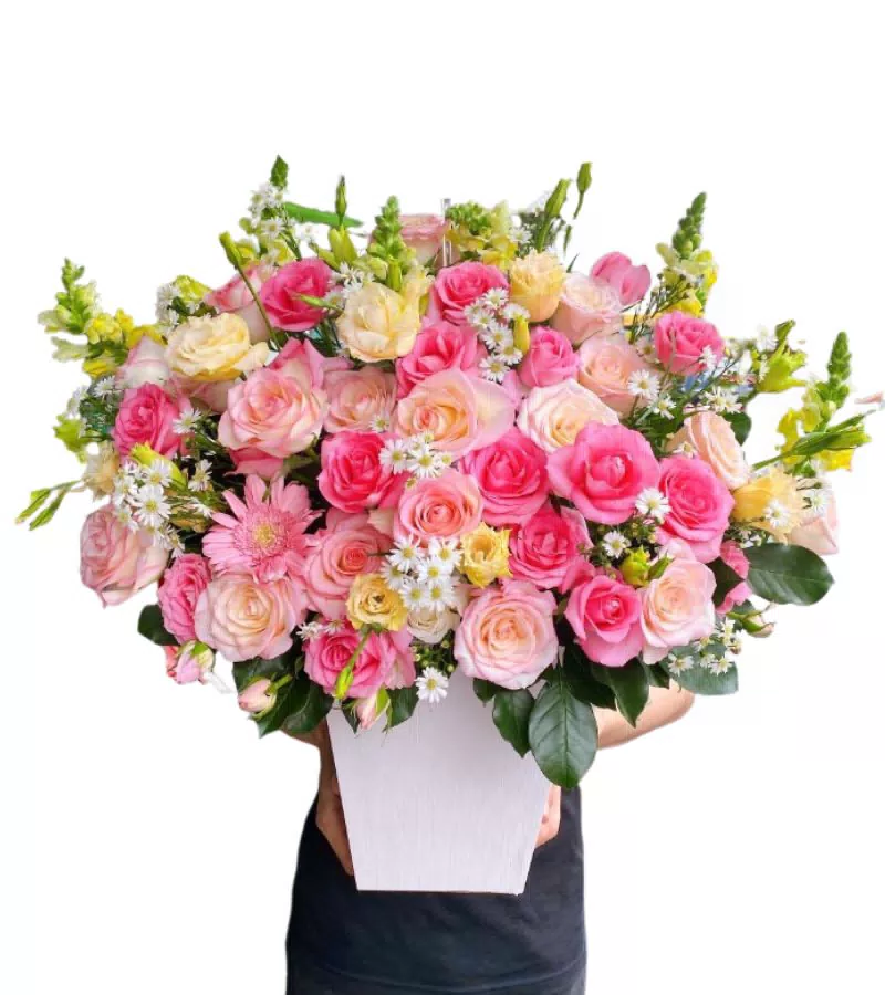 Giỏ Hoa Hồng Phấn Phối Vàng Đồng Tiền Tươi Vui