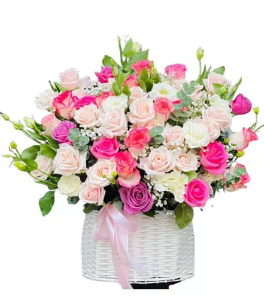 Giỏ Hoa Hồng Phối Hồng Trắng Tím Sang Trọng