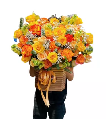 Giỏ Hoa Hồng Vàng Cam Đồng Tiền Rực Rỡ