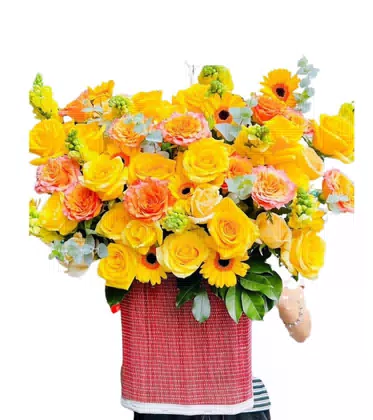 Giỏ Hoa Hồng Vàng Phối Cam Đồng Tiền Tươi Sáng