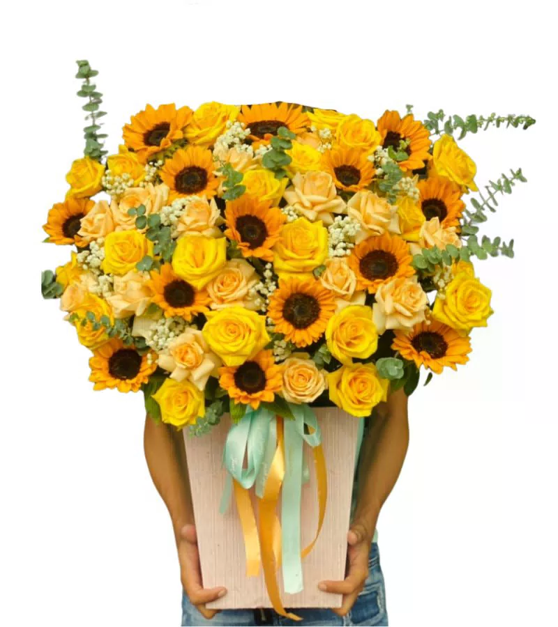 Giỏ Hoa Hướng Dương Vàng Cam Đào Tươi Tắn