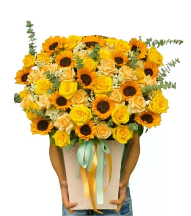Giỏ Hoa Hướng Dương Vàng Cam Đào Tươi Tắn