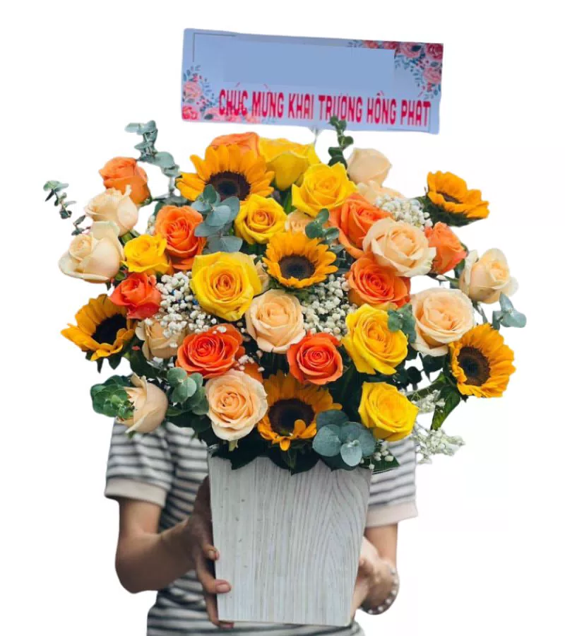 Giỏ Hoa Khai Trương Hướng Dương Hồng Vàng Cam Rực Rỡ
