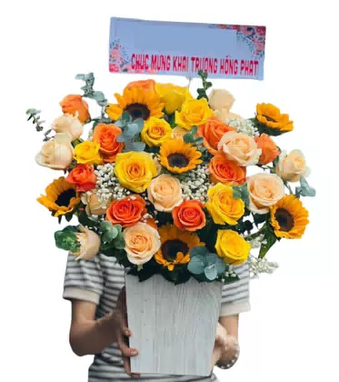 Giỏ Hoa Khai Trương Hướng Dương Hồng Vàng Cam Rực Rỡ
