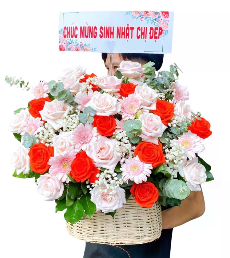 Giỏ Hoa Sinh Nhật Hồng Phấn Cam Đồng Tiền