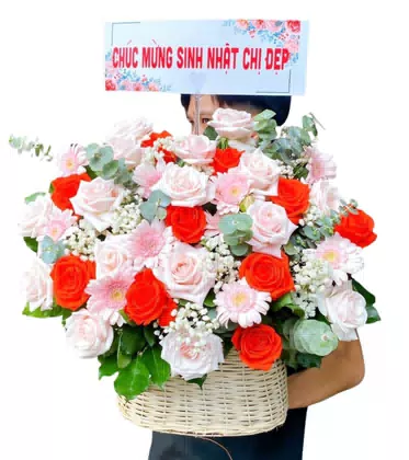 Giỏ Hoa Sinh Nhật Hồng Phấn Cam Đồng Tiền