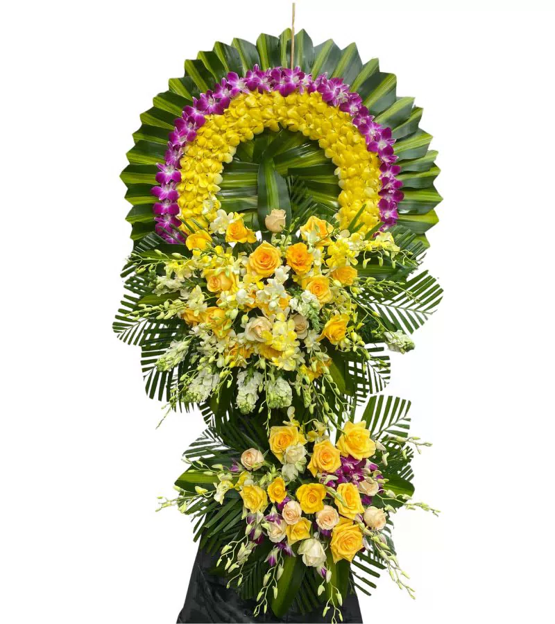 Kệ Hoa Chia Buồn 1 Tầng Lan Vàng Tím Phối Hồng Cam