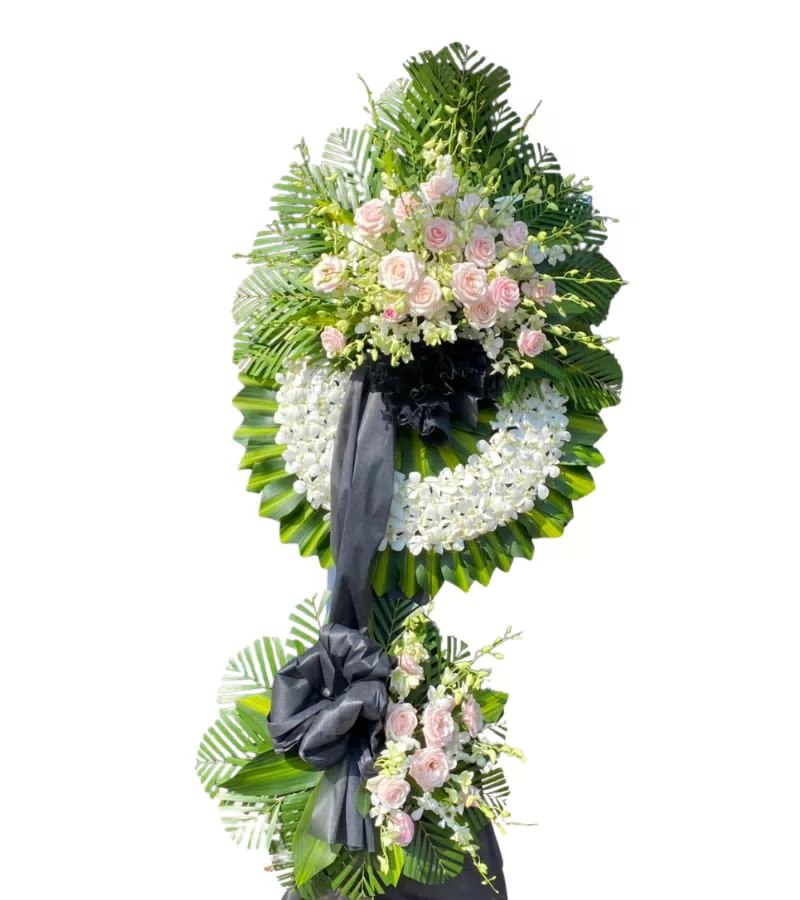 Kệ Hoa Chia Buồn 2 Tầng Hồng Phấn Lan Trắng Nhã Nhặn