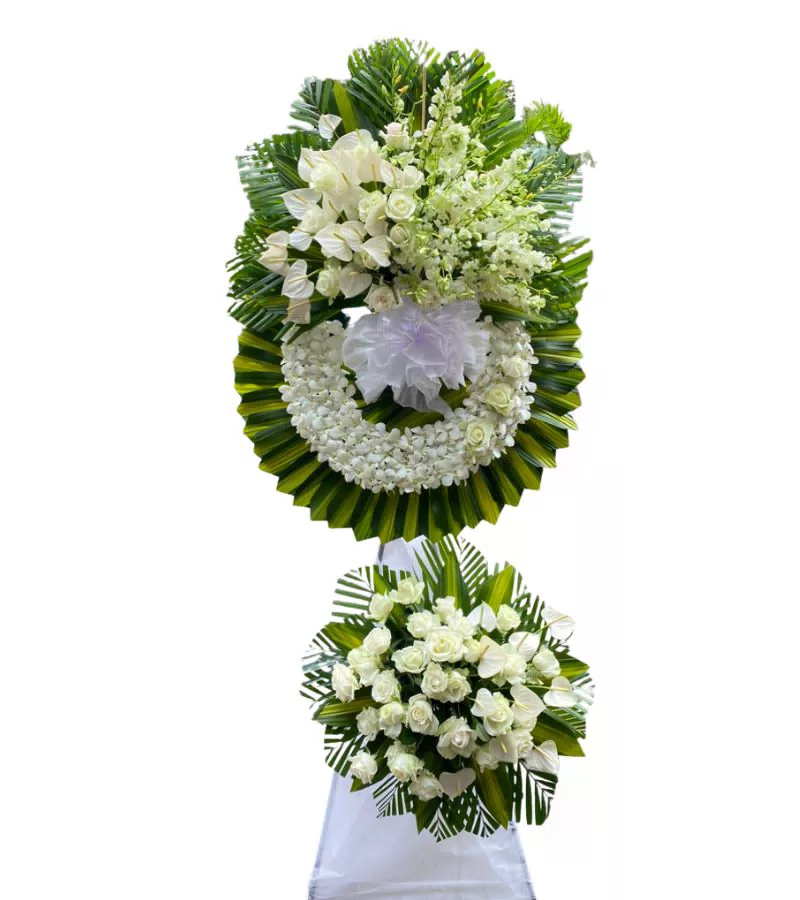 Kệ Hoa Chia Buồn 2 Tầng Hồng Trắng Lan Trắng Sang Trọng