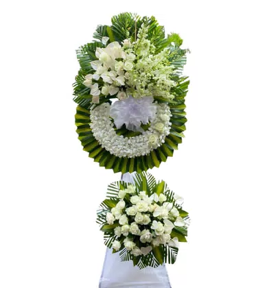 Kệ Hoa Chia Buồn 2 Tầng Hồng Trắng Lan Trắng Sang Trọng