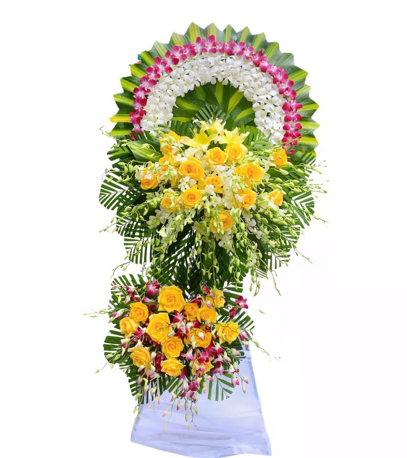 Kệ Hoa Chia Buồn 2 Tầng Hồng Vàng Lan Trắng Tím