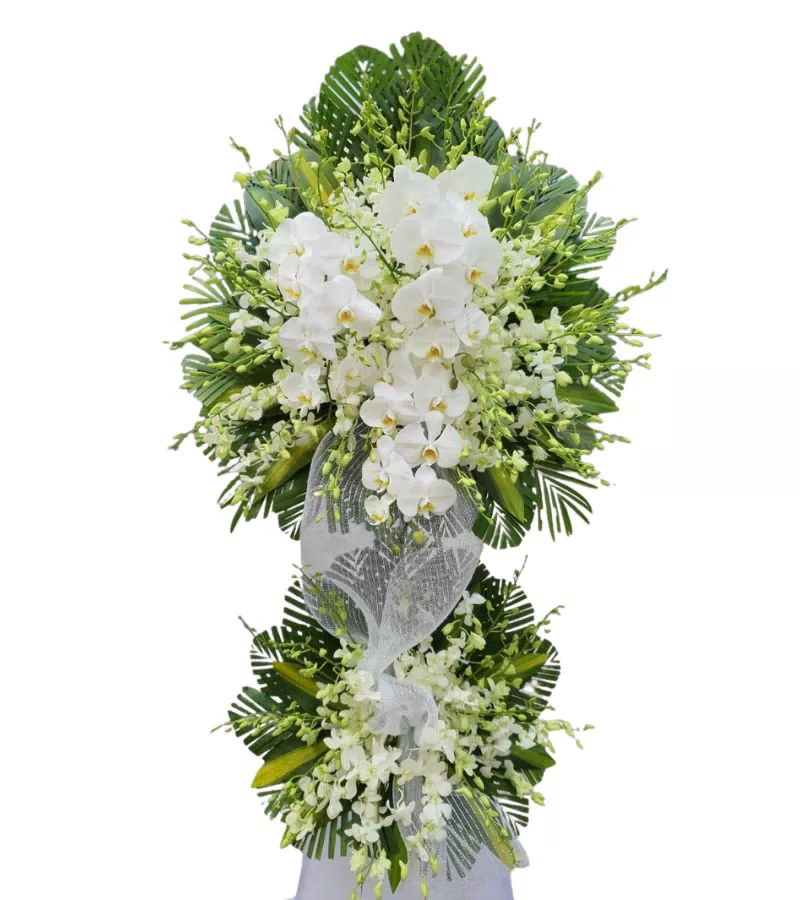 Kệ Hoa Chia Buồn 2 Tầng Lan Hồ Điệp Trắng