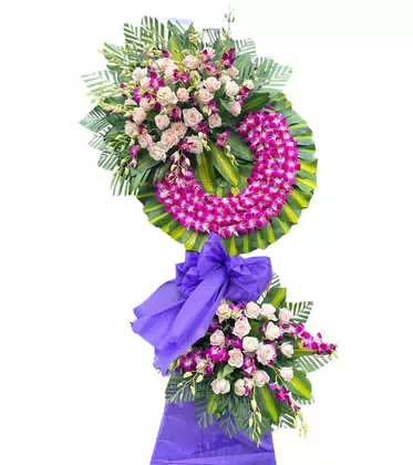 Kệ Hoa Chia Buồn 2 Tầng Lan Tím Hồng Phấn Nơ Tím