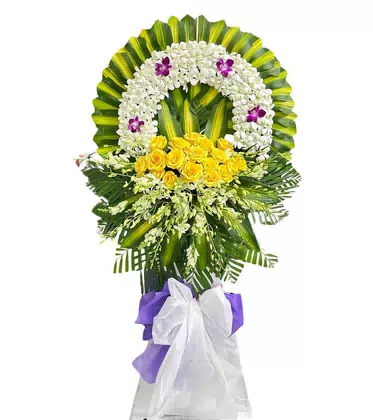 Kệ Hoa Chia Buồn 2 Tầng Lan Trắng Điểm Tím Hồng Vàng