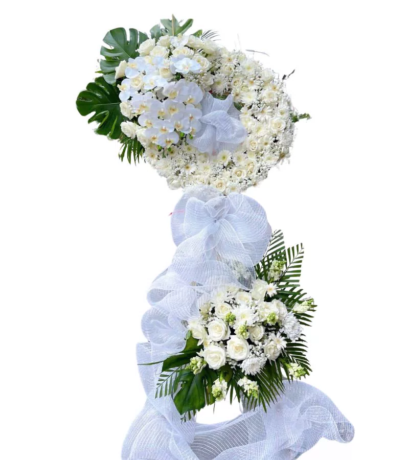 Kệ Hoa Chia Buồn 2 Tầng Trắng Phối Lan Hồ Điệp Và Lá Monstera
