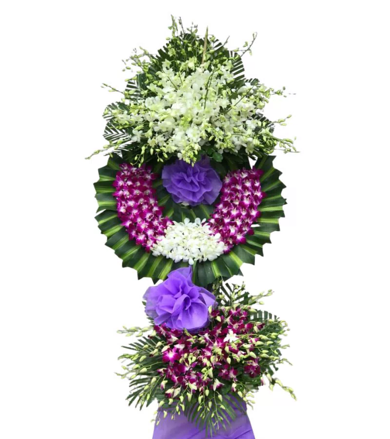 Kệ Hoa Chia Buồn 3 Tầng Lan Tím Trắng Nơ Tím