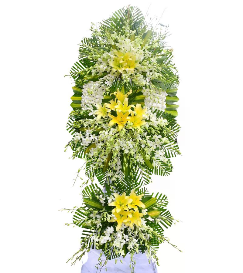 Kệ Hoa Chia Buồn 3 Tầng Ly Vàng Lan Trắng Trang Nghiêm