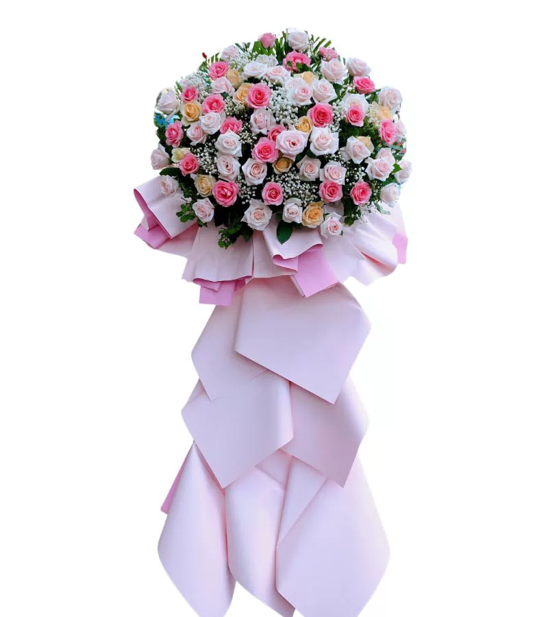 Kệ Hoa Chúc Mừng Hồng Trắng Kem Pastel Nhẹ Nhàng