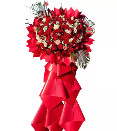 Kệ Hoa Khai Trương 1 Tầng Đỏ Phối Lá Cọ Ấn Tượng