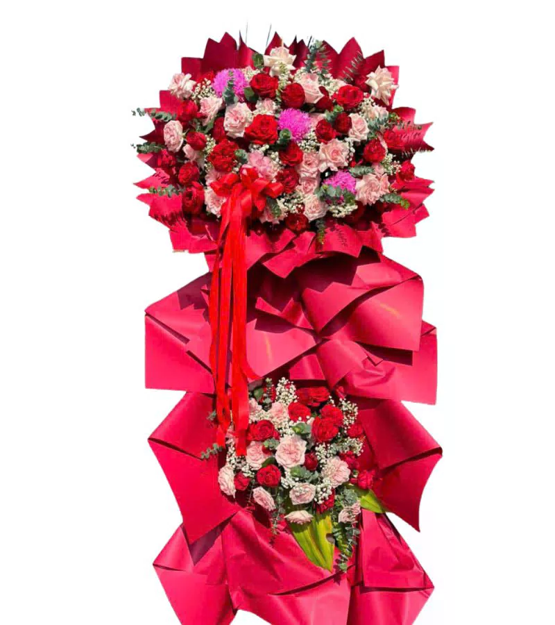 Kệ Hoa Khai Trương 2 Tầng Đỏ Hồng Phối Ruy Băng Nổi Bật