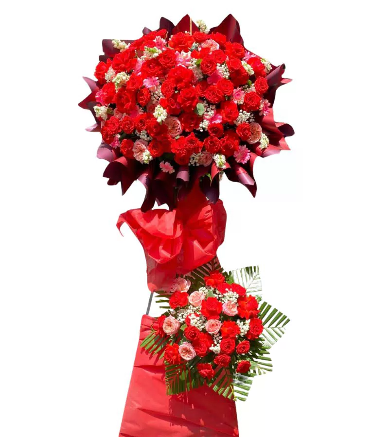 Kệ Hoa Khai Trương 2 Tầng Đỏ Nơ Đỏ Bề Thế