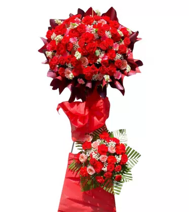 Kệ Hoa Khai Trương 2 Tầng Đỏ Nơ Đỏ Bề Thế