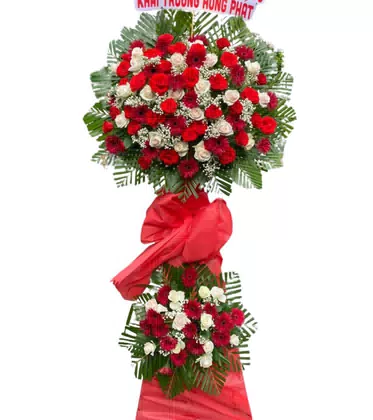 Kệ Hoa Khai Trương 2 Tầng Đỏ Trắng Kèm Băng Rôn Hưng Phát