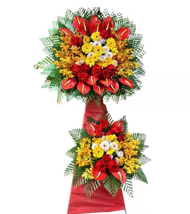 Kệ Hoa Khai Trương 2 Tầng Hồng Môn Đỏ Phối Lan Vàng