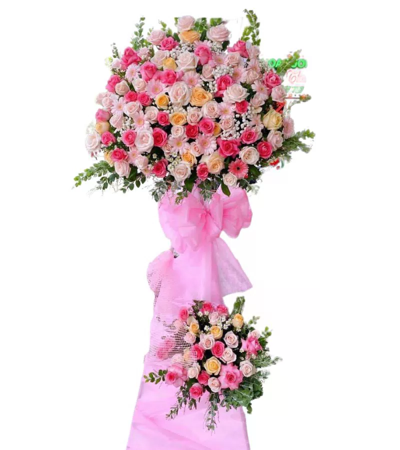 Kệ Hoa Khai Trương 2 Tầng Hồng Pastel Nơ Hồng