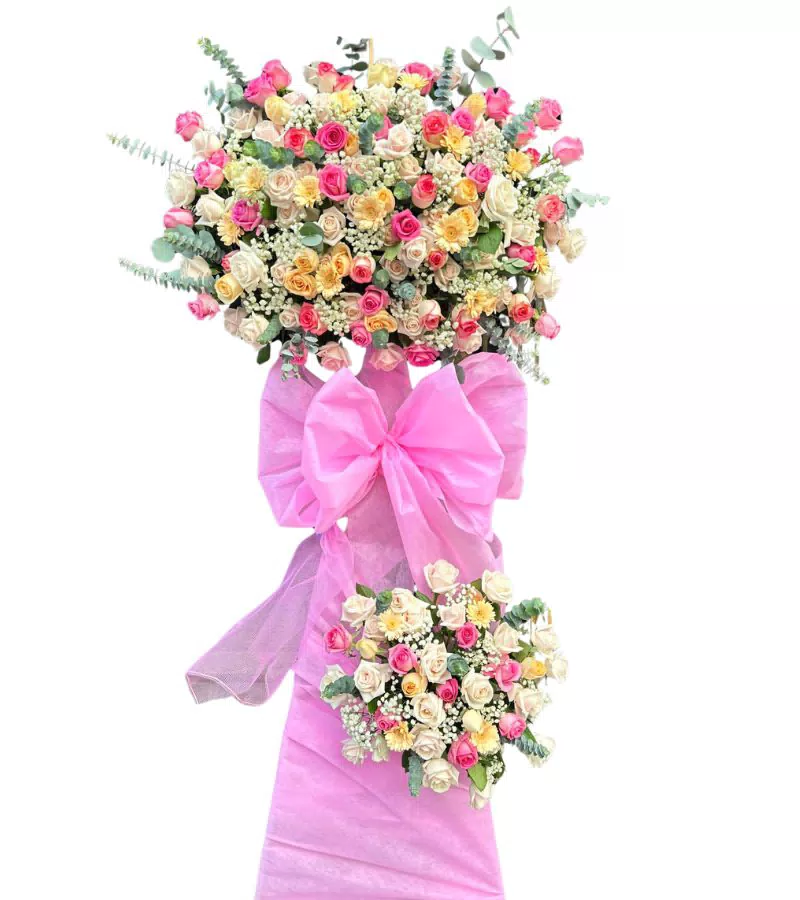 Kệ Hoa Khai Trương 2 Tầng Hồng Vàng Trắng Nơ Voan Hồng