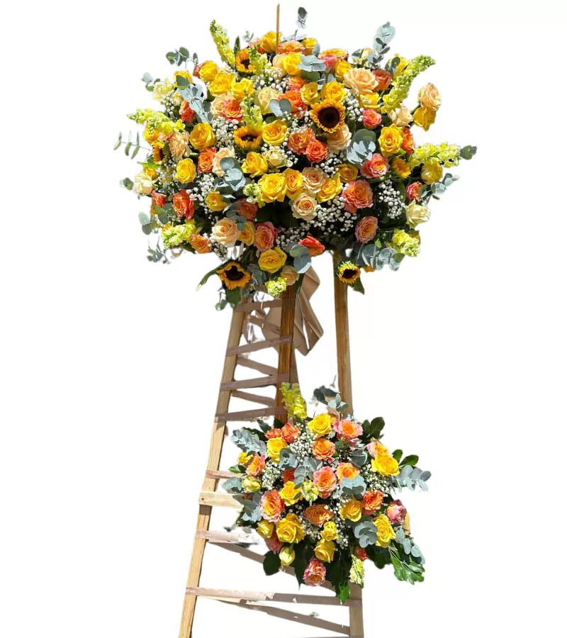 Kệ Hoa Khai Trương 2 Tầng Khung Gỗ Hướng Dương Vàng Cam