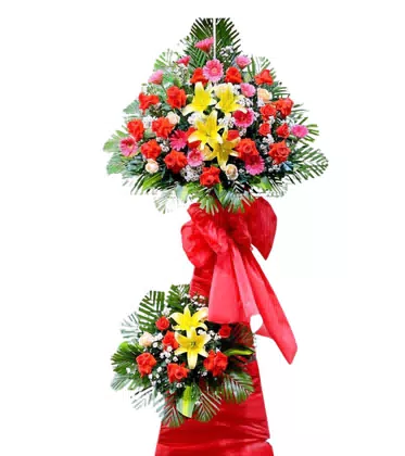 Kệ Hoa Khai Trương 2 Tầng Ly Vàng Hồng Cam Rực Rỡ