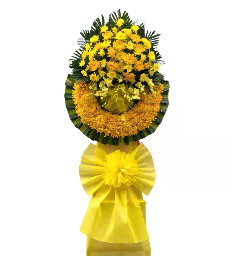 Vòng Hoa Chia Buồn Cúc Vạn Thọ Vàng Nơ Vàng