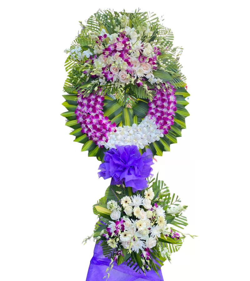 Vòng Hoa Chia Buồn Lan Tím Cúc Trắng Nơ Tím