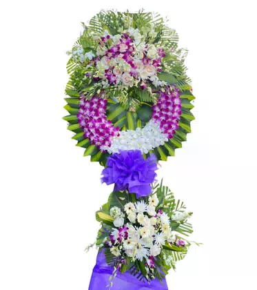 Vòng Hoa Chia Buồn Lan Tím Cúc Trắng Nơ Tím