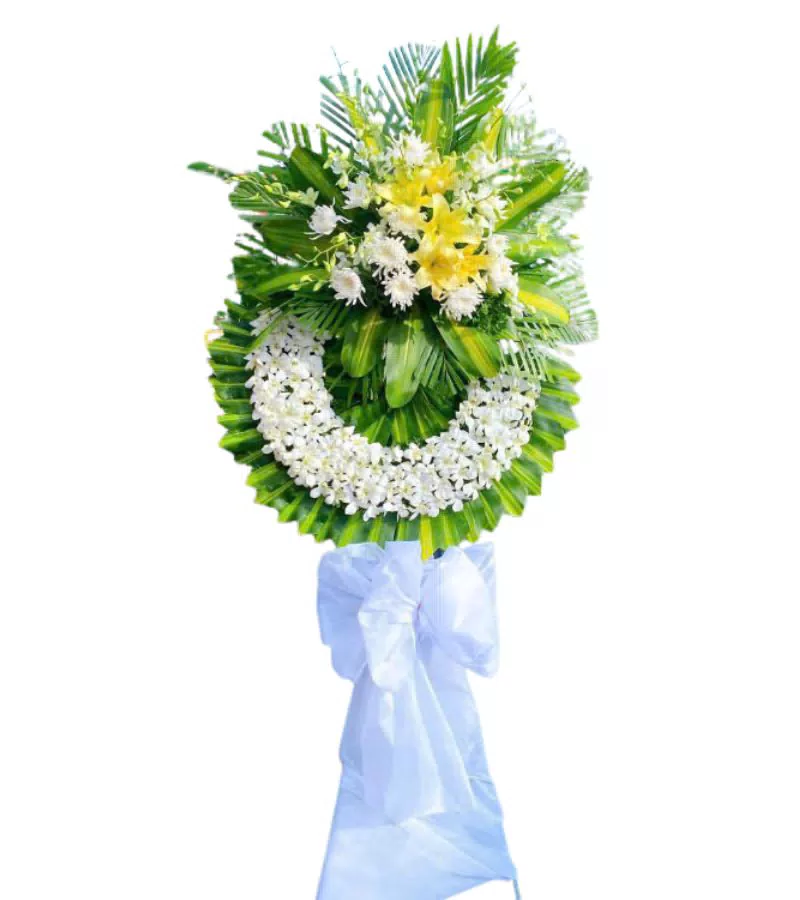 Vòng Hoa Chia Buồn Lan Trắng Ly Vàng Cúc Trắng Nhẹ Nhàng