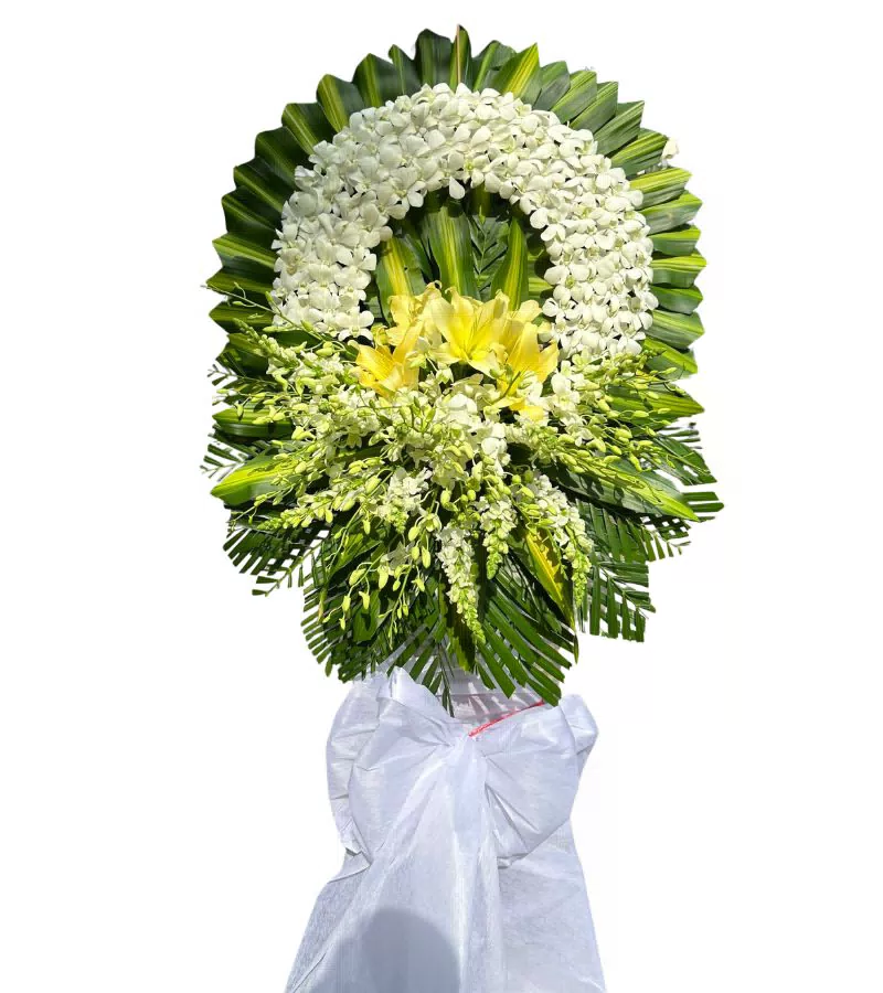 Vòng Hoa Chia Buồn Lan Trắng Ly Vàng Nhẹ Nhàng Thanh Nhã