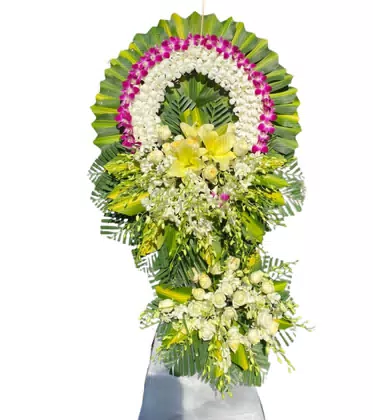 Vòng Hoa Chia Buồn Lan Trắng Tím Điểm Vàng
