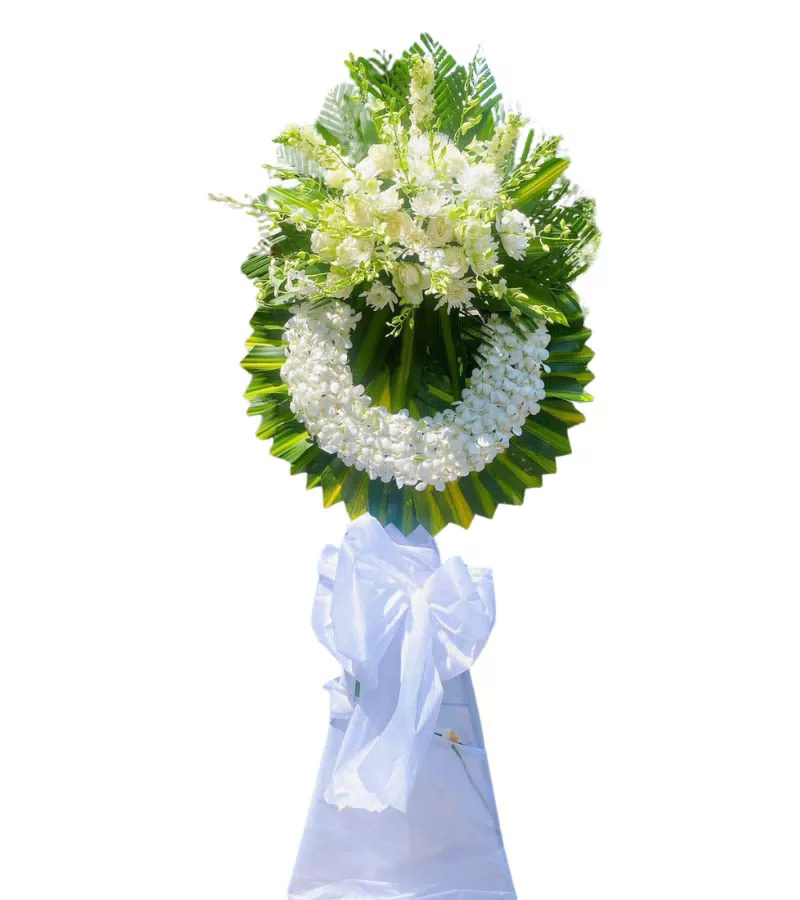 Vòng Hoa Chia Buồn Trắng Giản Dị Nơ Trắng